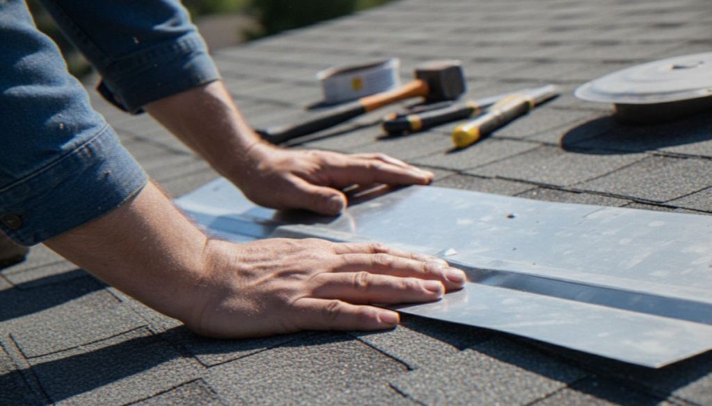 A close-up view of a professional roofer's hands installing metal flashing on an asphalt shingle roof during a repair. Edina, MN