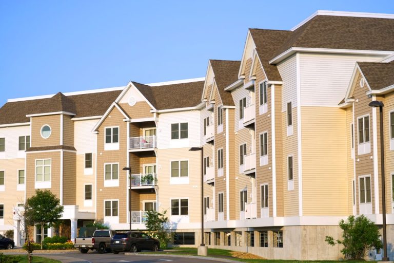 apartment buildings with brown shingle roofs, Edina